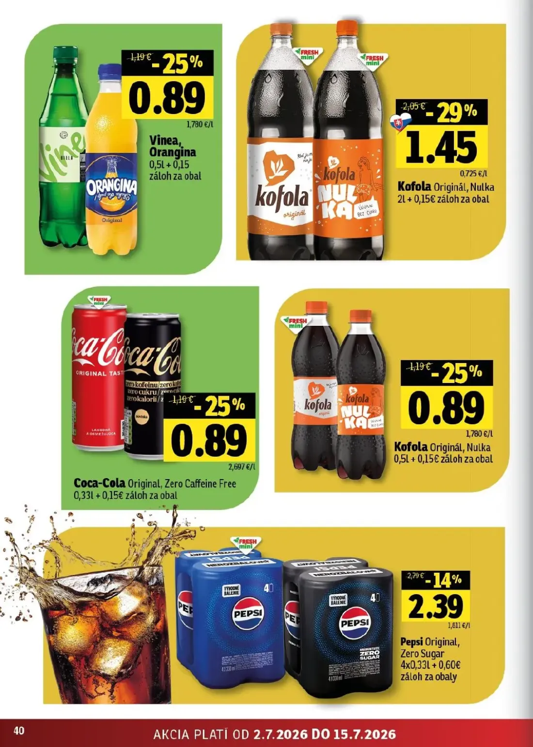 Fresh východ leták, strana 40 z 54 — Kofola Originál, Nulka, Pepsi Original, Zero Sugar, Vinea, Orangina