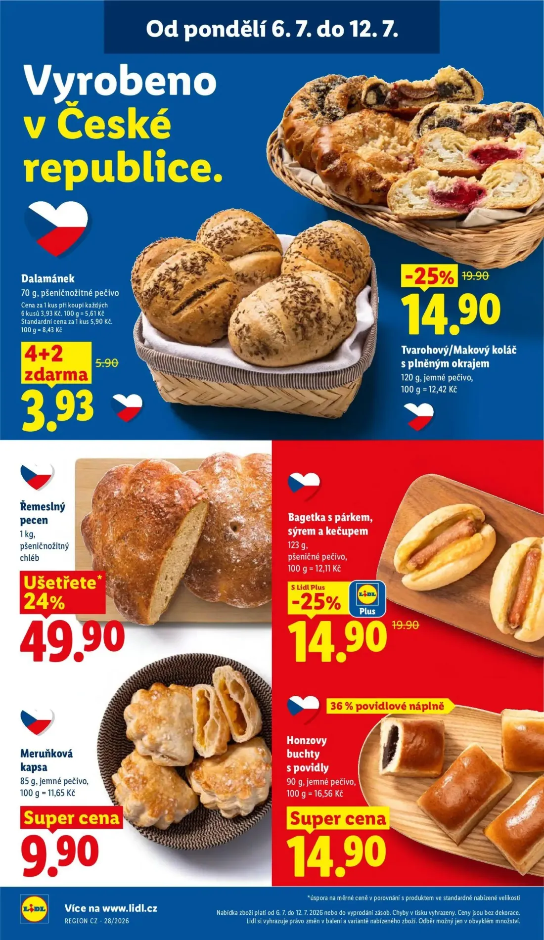 Lidl leták, strana 12 z 47 — Tvarohový/Makový koláč s plněným okrajem, Bagetka s párkem, sýrem a kečupem, Dalamánek