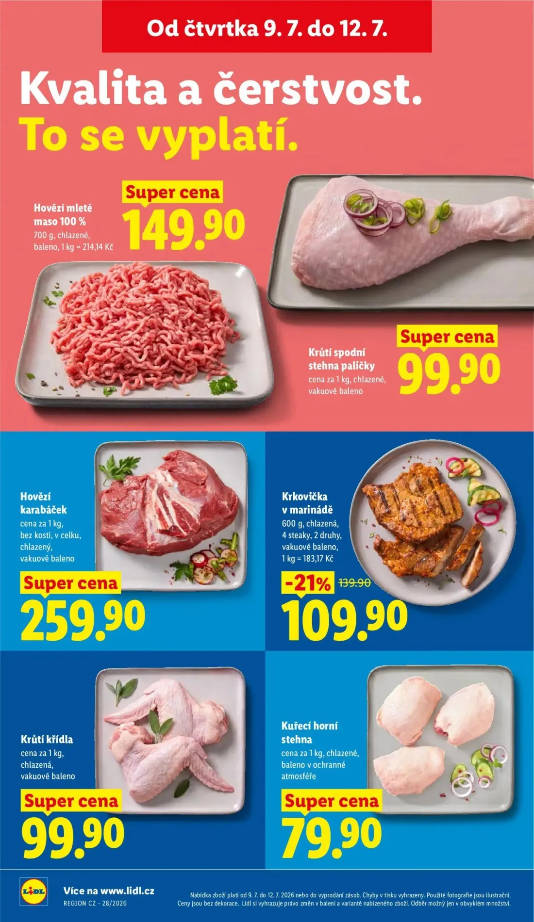 Lidl leták, strana 14 z 57 — Krkovička v marinádě, Hovězí mleté maso 100%, Krůtí spodní stehna paličky