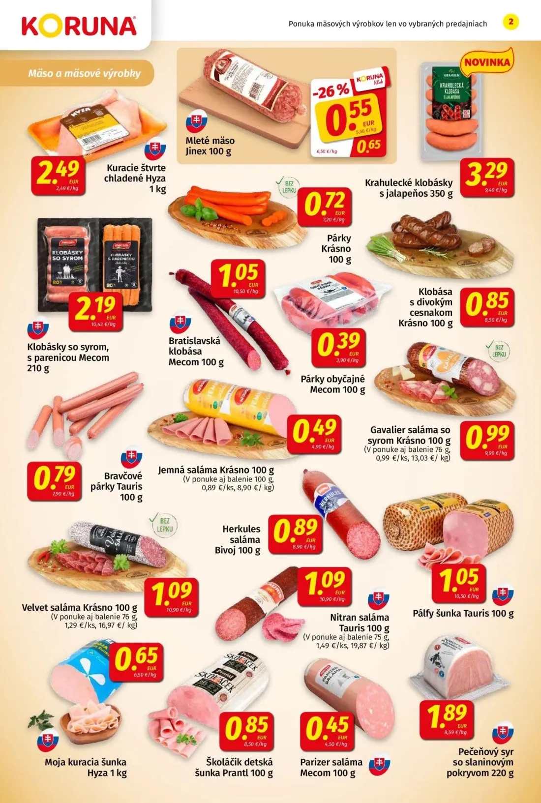 Koruna leták, strana 2 z 24 — Jemná saláma Krásno, Nitran saláma Tauris, Velvet saláma Krásno
