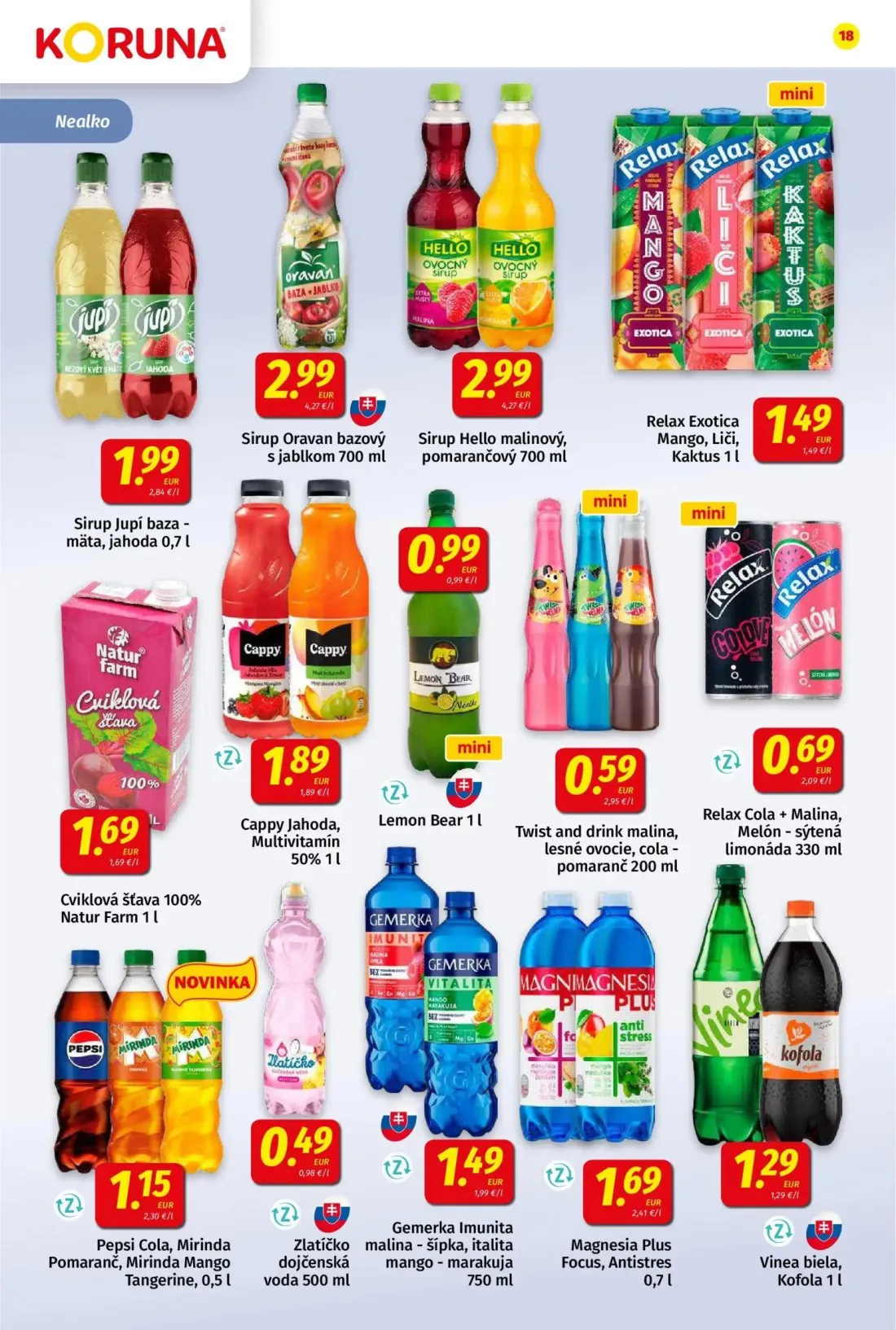 Koruna leták, strana 18 z 24 — Sirup Jupí baza - mäta, jahoda, Sirup Oravan bazový s jablkom, Sirup Hello malinový, pomaranč…