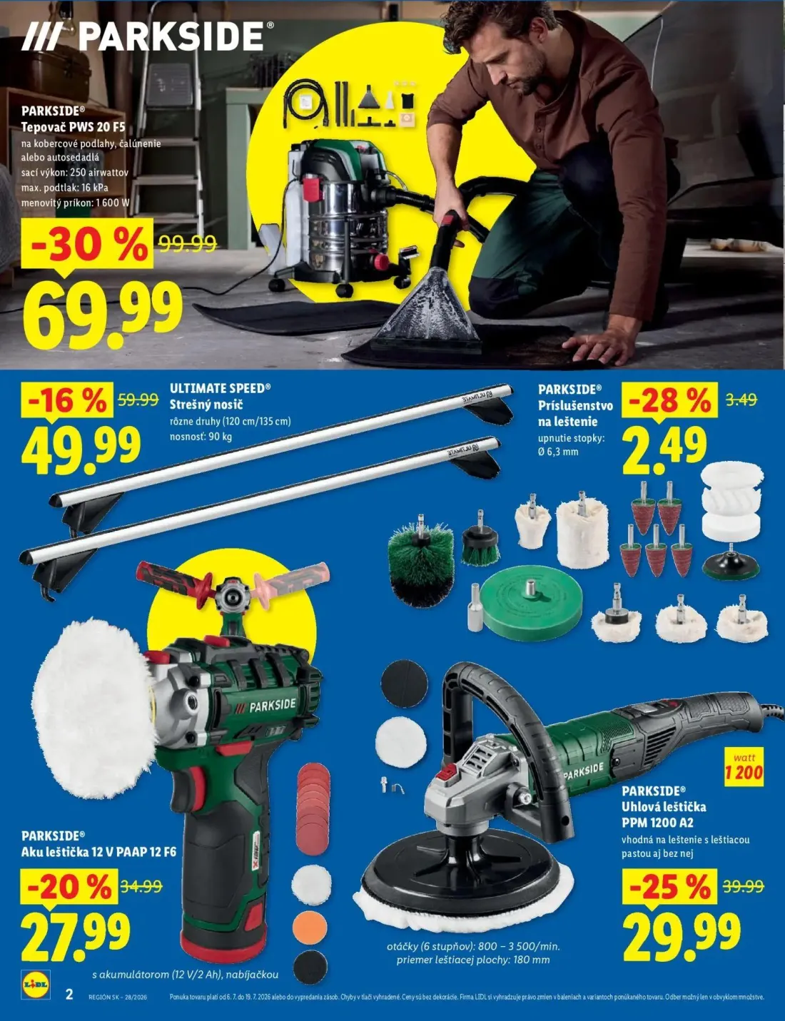 Lidl leták, strana 2 z 8 — PARKSIDE® Tepovač PWS 20 F5, PARKSIDE® Uhlová leštička PPM 1200 A2, PARKSIDE® Aku leštička 12 V P…