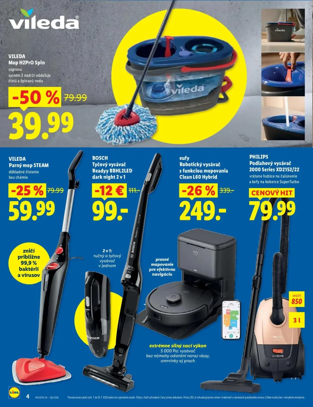 Lidl leták, strana 4 z 8 — eufy Robotický vysávač s funkciou mopovania Clean L60 Hybrid, VILEDA Mop H2PrO Spin, VILEDA Parný…