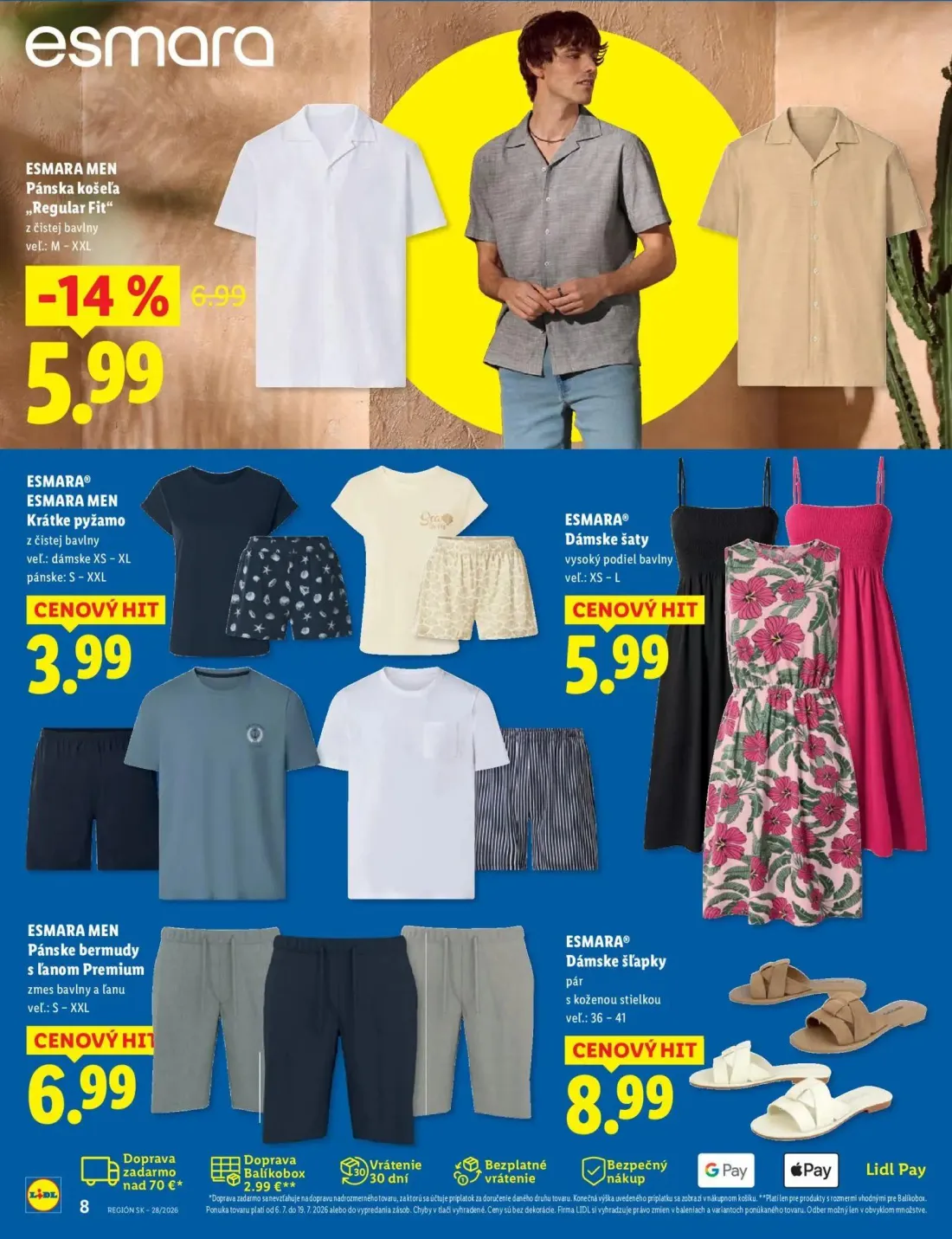 Lidl leták, strana 8 z 8 — Pánska košeľa „Regular Fit", Krátke pyžamo, Dámske šaty
