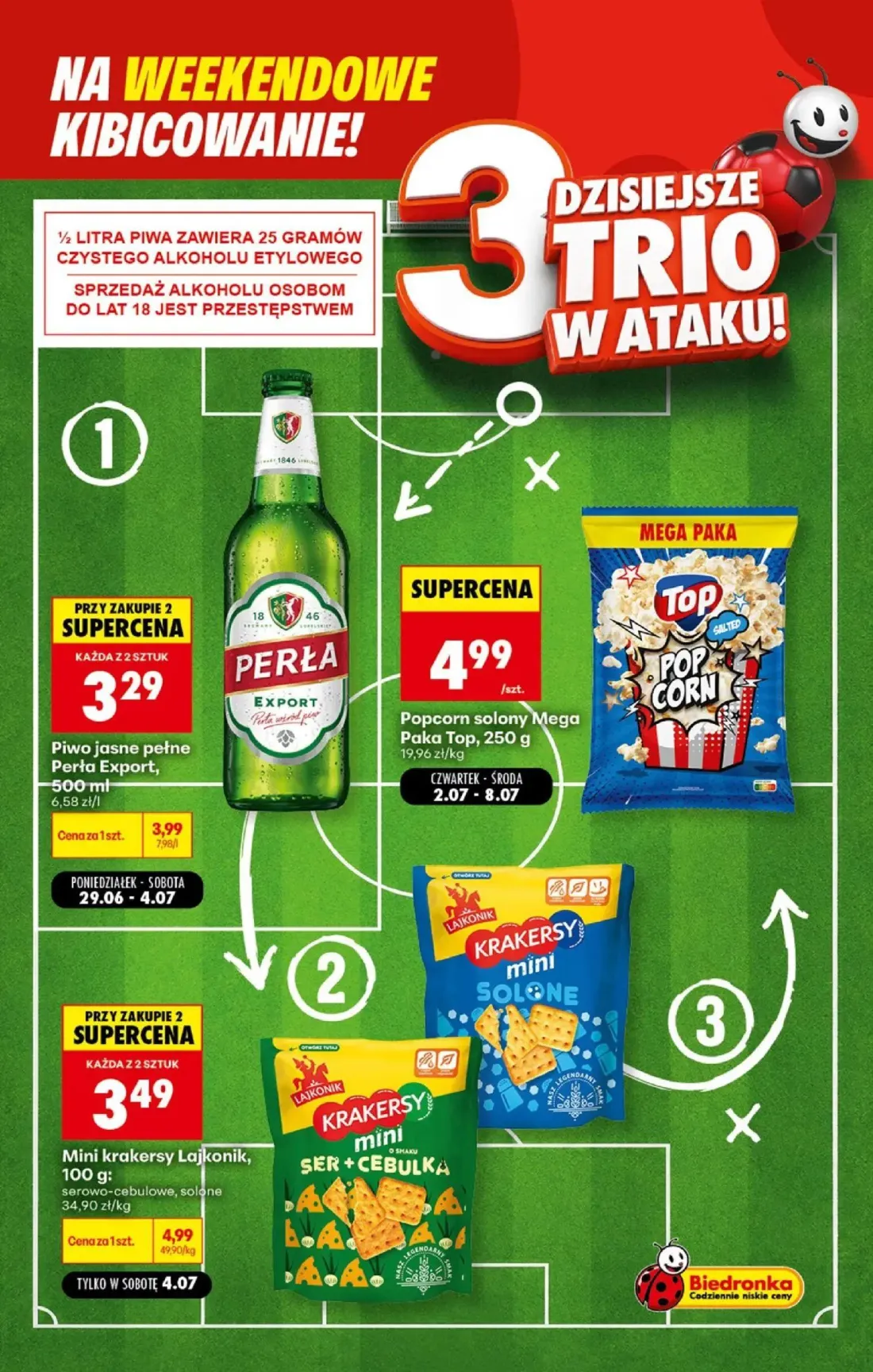 Biedronka gazetka, strona 5 z 9 — Mini krakersy Lajkonik, serowo-cebulowe, solone, Piwo jasne pełne Perła Export, Popcorn so…
