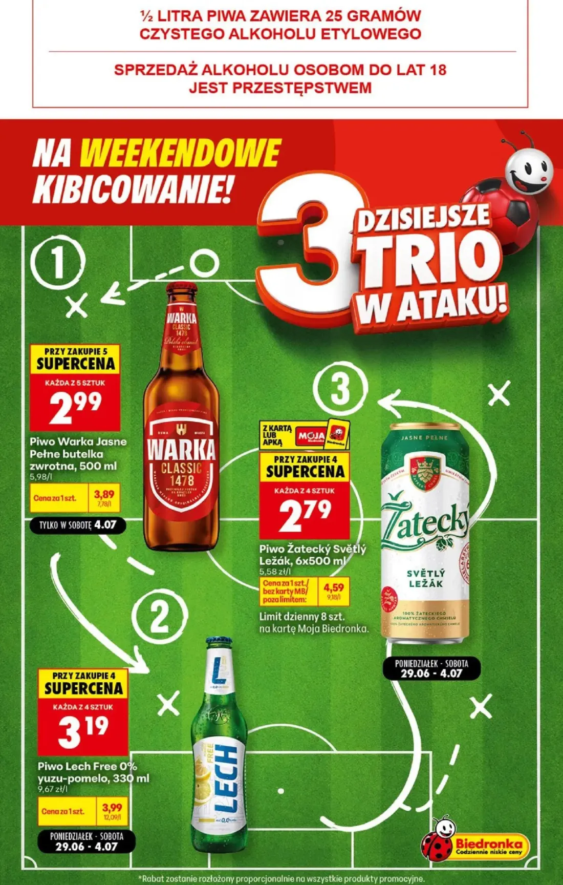 Biedronka gazetka, strona 8 z 9 — Piwo Žatecký Světlý Ležák, Piwo Warka Jasne Pełne butelka zwrotna, Piwo Lech Free 0% yuzu-…