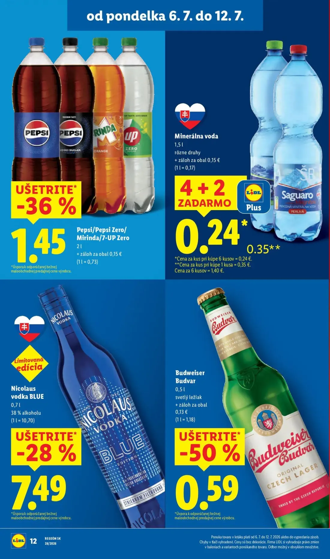 Lidl leták, strana 22 z 109 — Minerálna voda, Pepsi/Pepsi Zero/ Mirinda/7-UP Zero, Nicolaus vodka BLUE