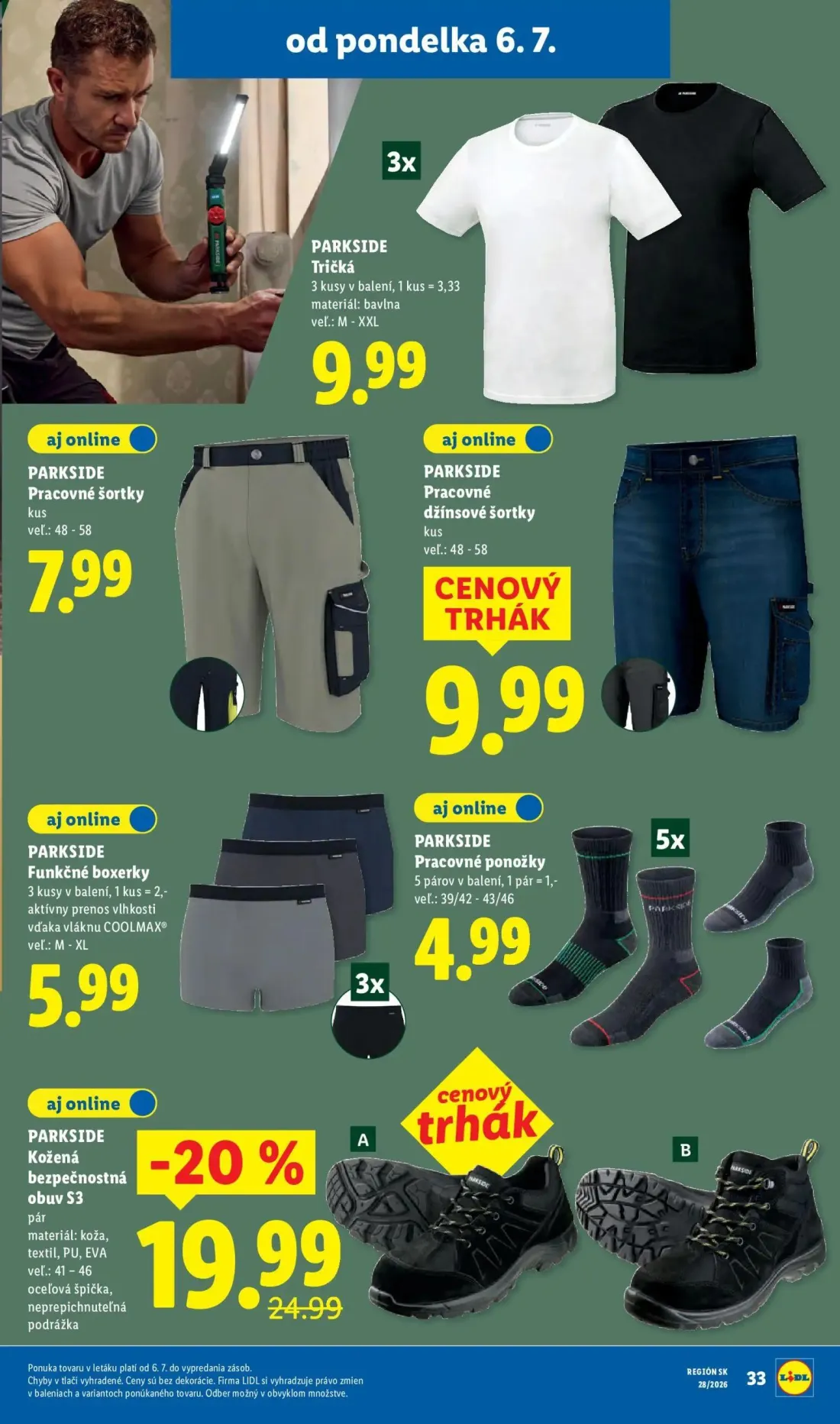 Lidl leták, strana 57 z 109 — PARKSIDE Kožená bezpečnostná obuv S3, PARKSIDE Tričká, PARKSIDE Pracovné šortky