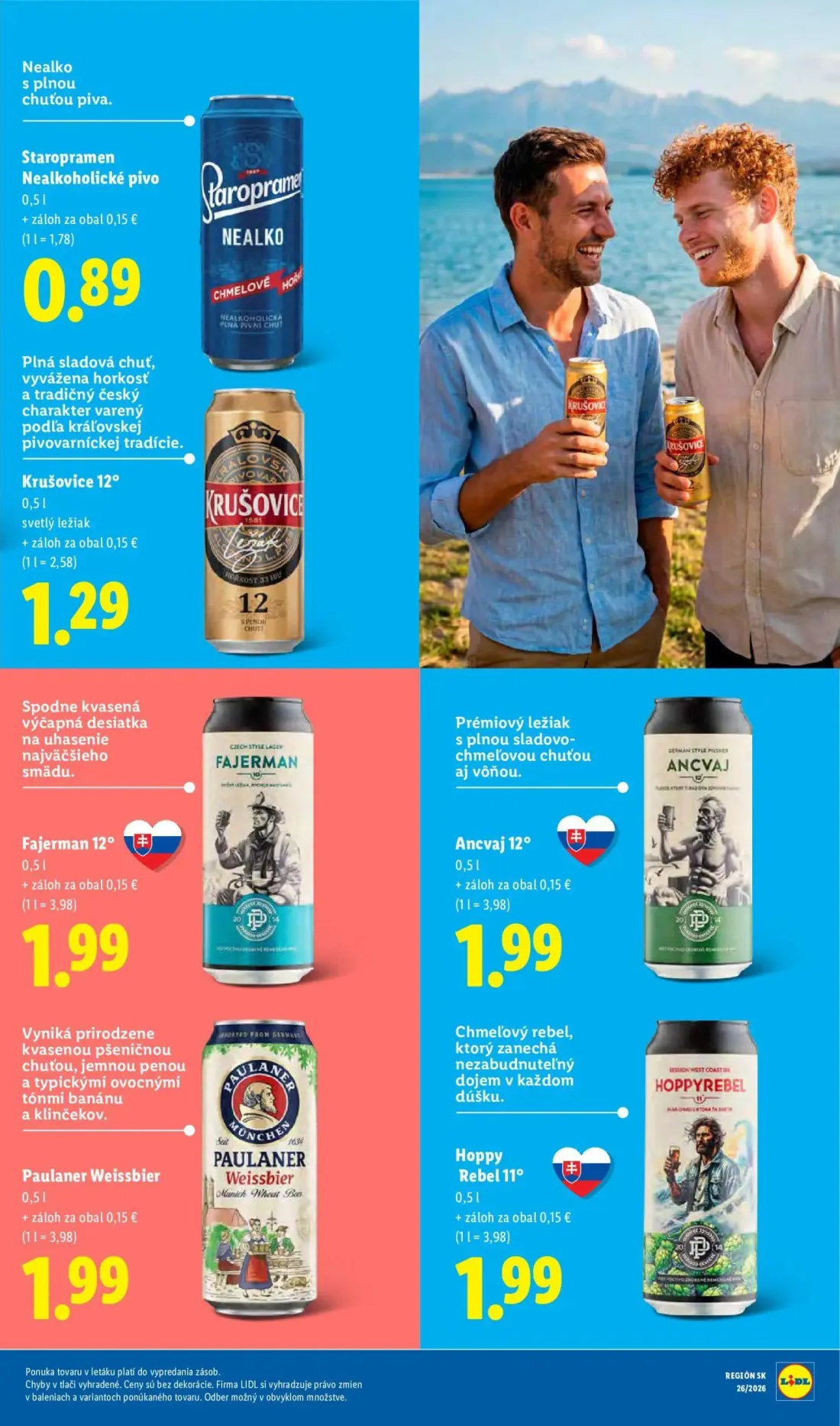 Lidl leták, strana 79 z 109 — Staropramen Nealkoholické pivo, Krušovice 12° svetlý ležiak, Fajerman 12°