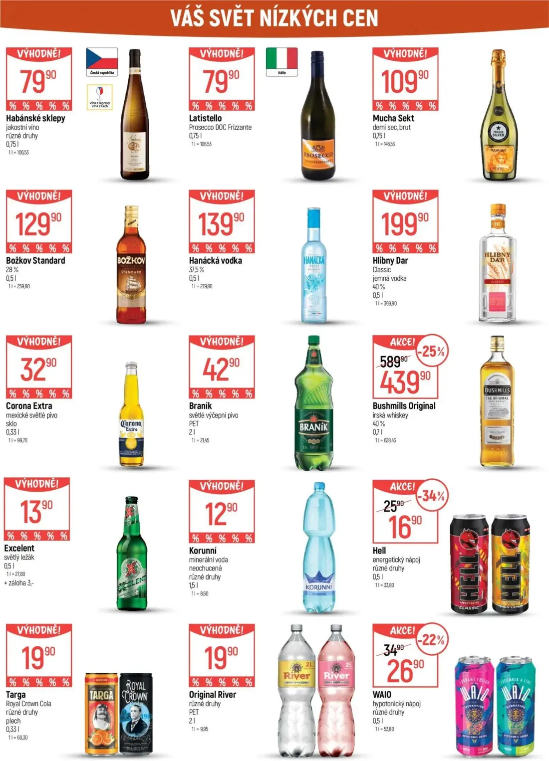 GLOBUS leták, strana 39 z 55 — Bushmills Original irská whiskey, Hell energetický nápoj, WAIO hypotonický nápoj