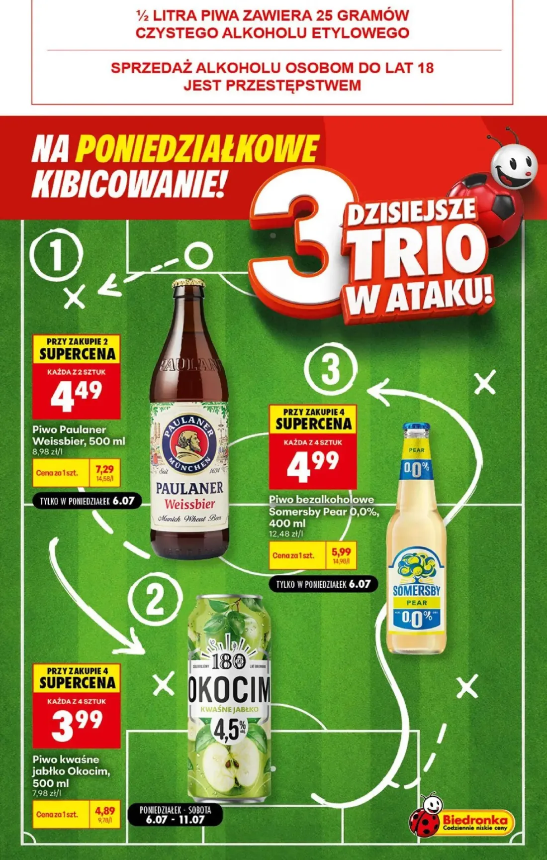 Biedronka gazetka, strona 3 z 5 — Piwo Paulaner Weissbier, Piwo bezalkoholowe Somersby Pear 0,0%, Piwo kwaśne jabłko Okocim