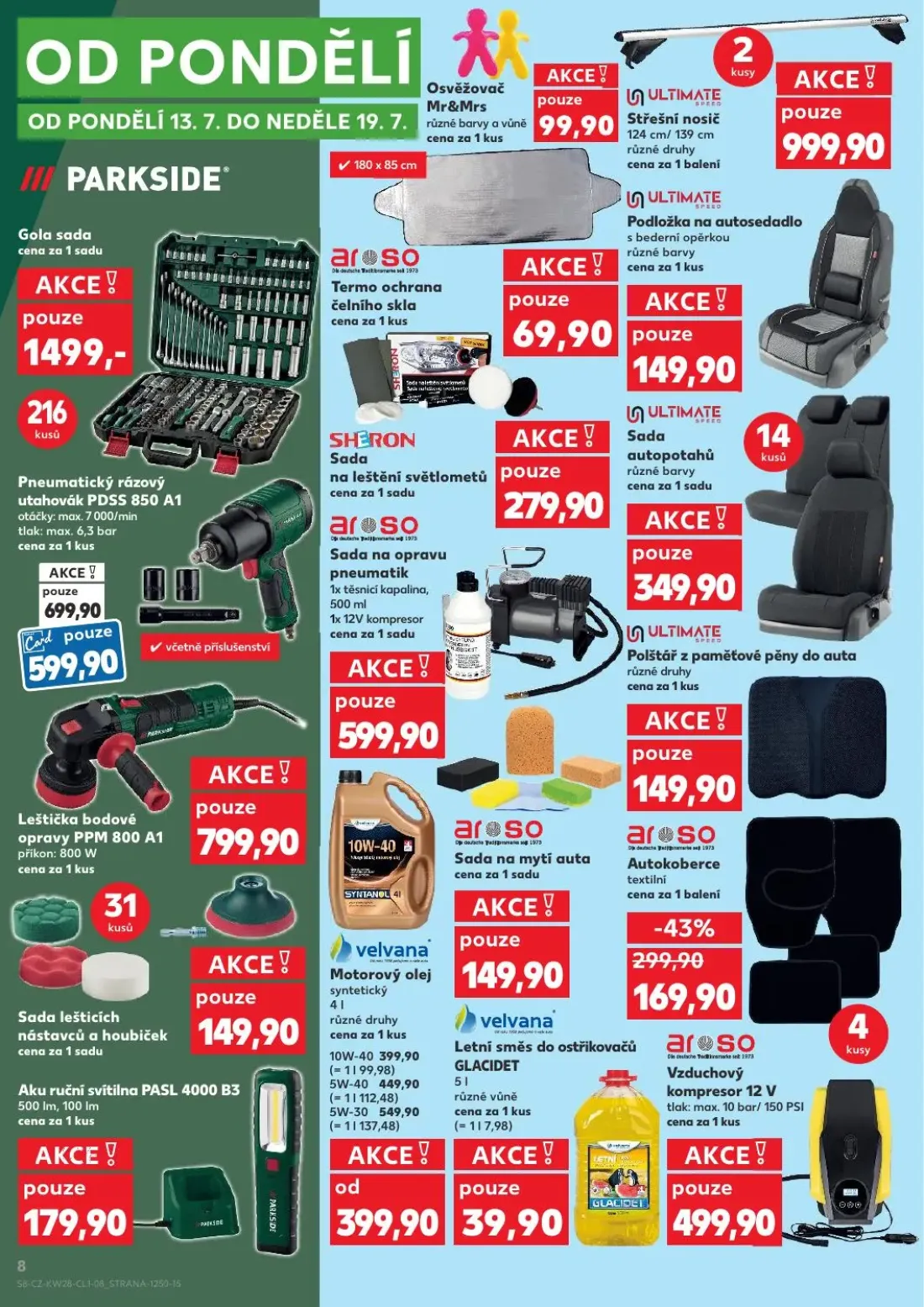 Kaufland leták, strana 8 z 10 — Motorový olej syntetický 4 l, Autokoberce textilní, Pneumatický rázový utahovák PDSS 850 A1