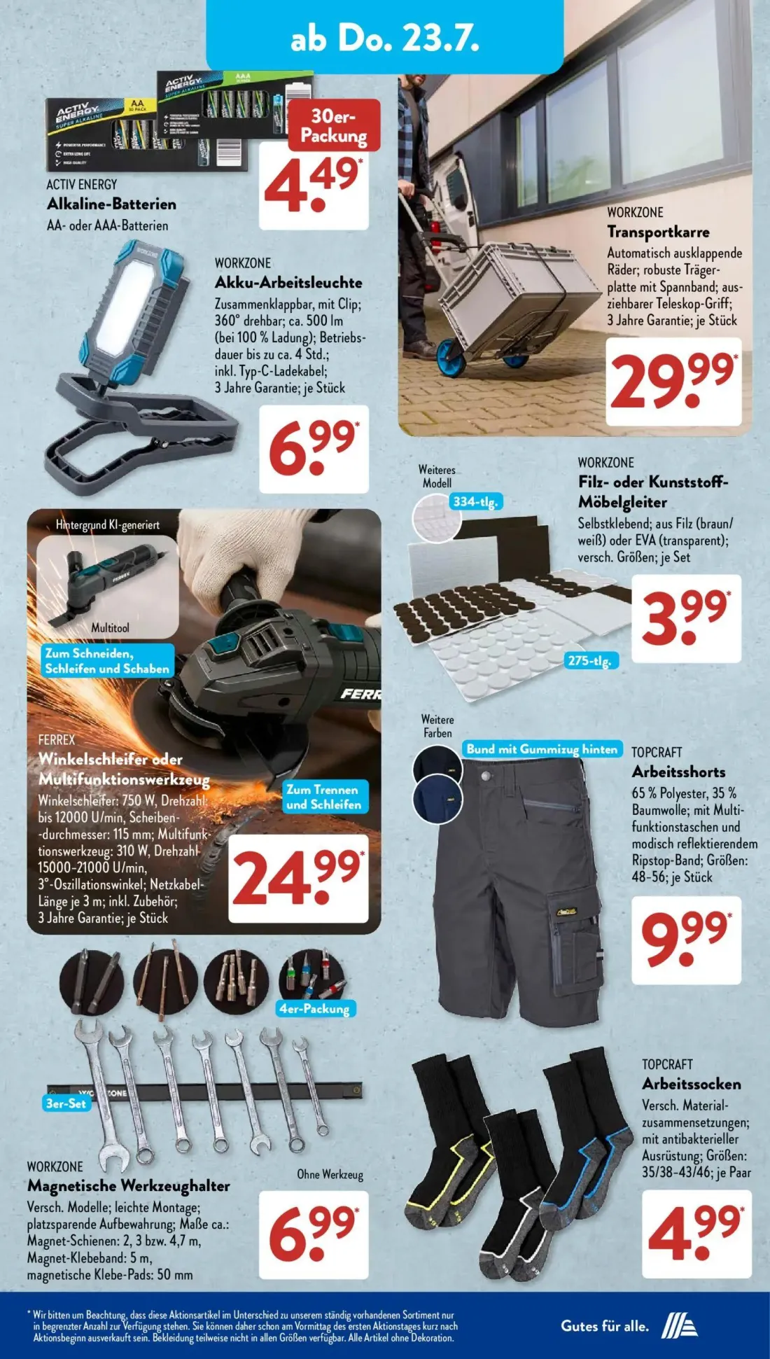 Aldi Süd Prospekt, Seite 8 von 25 — Alkaline-Batterien, Akku-Arbeitsleuchte, Transportkarre