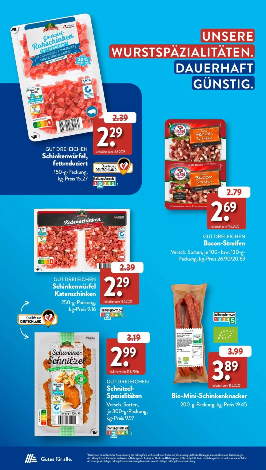 Aldi Süd Prospekt, Seite 10 von 38 — GUT DREI EICHEN Schnitzel-Spezialitäten, GUT DREI EICHEN Schinkenwürfel, fettreduziert,…