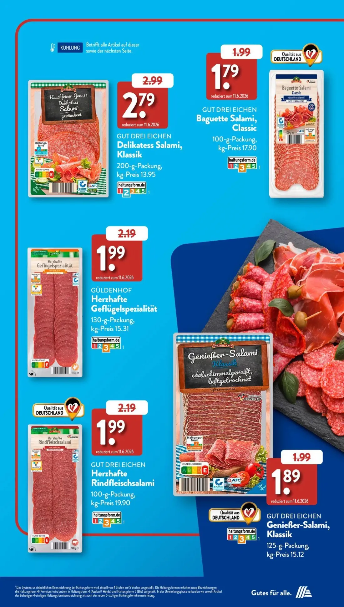 Aldi Süd Prospekt, Seite 11 von 38 — GUT DREI EICHEN Delikatess Salami, Klassik, GUT DREI EICHEN Baguette Salami, Classic, G…