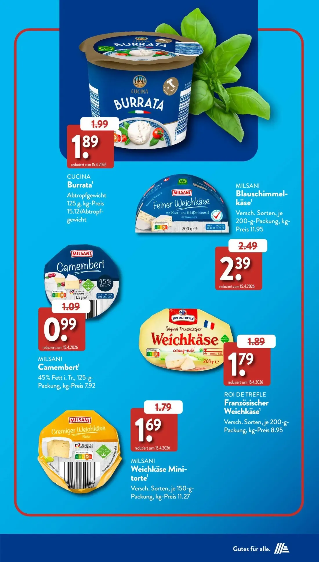 Aldi Süd Prospekt, Seite 15 von 38 — CUCINA Burrata, MILSANI Blauschimmel-käse, MILSANI Camembert