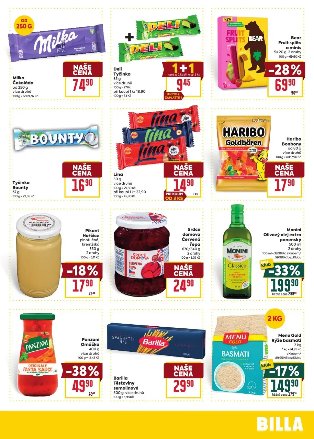 Billa leták, strana 5 z 8 — Bear Fruit splits a minis, Deli Tyčinka, Milka Čokoláda