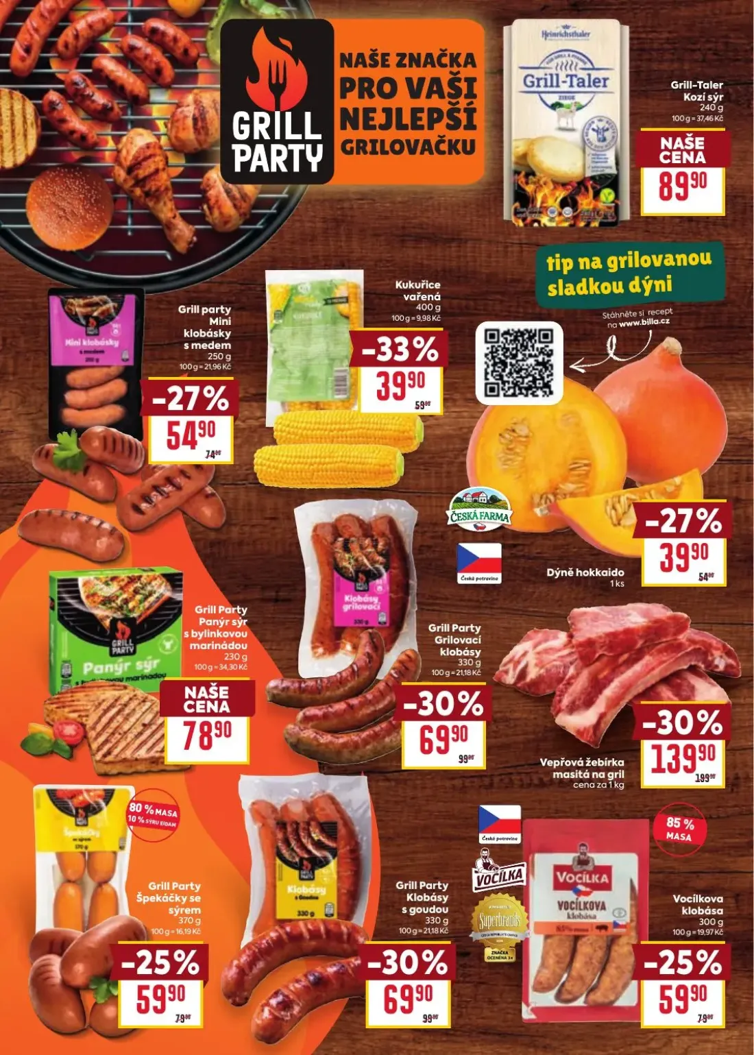 Billa leták, strana 16 z 35 — Vepřová žebírka masitá na gril, Grilovací klobásy, Grill Party Klobásy s goudou