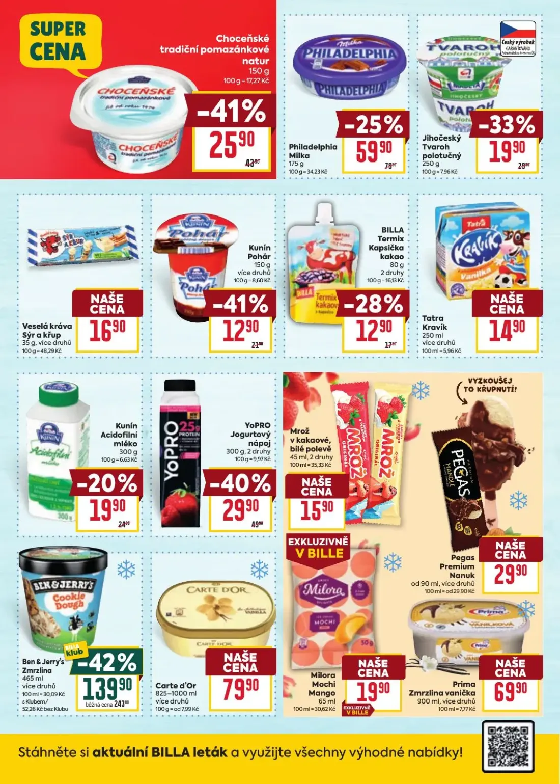 Billa leták, strana 20 z 35 — Ben & Jerry's Zmrzlina, Philadelphia Milka, Choceňské tradiční pomazánkové natur