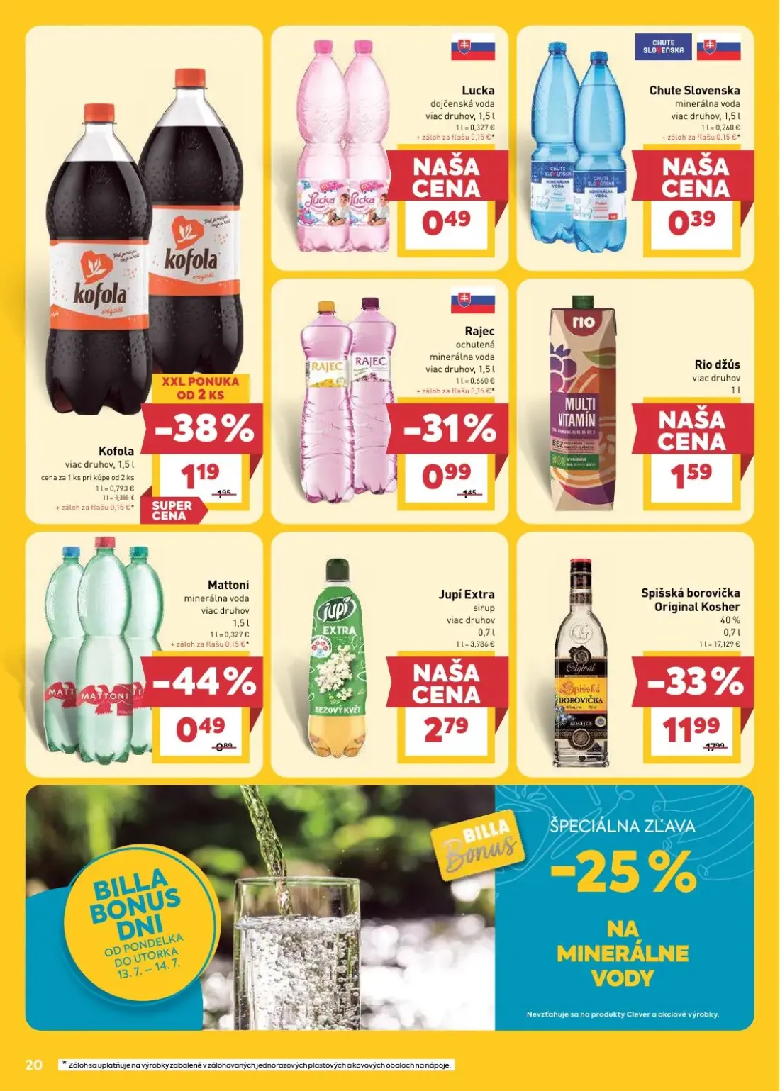 Billa leták, strana 22 z 31 — Spišská borovička Original Kosher, Kofola, Rajec ochutená minerálna voda