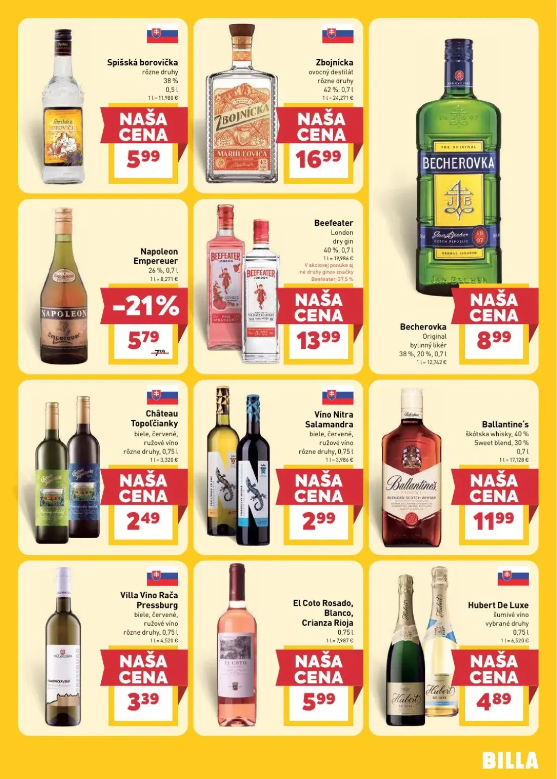Billa leták, strana 23 z 31 — Napoleon Empereuer, Spišská borovička, Zbojnícka ovocný destilát