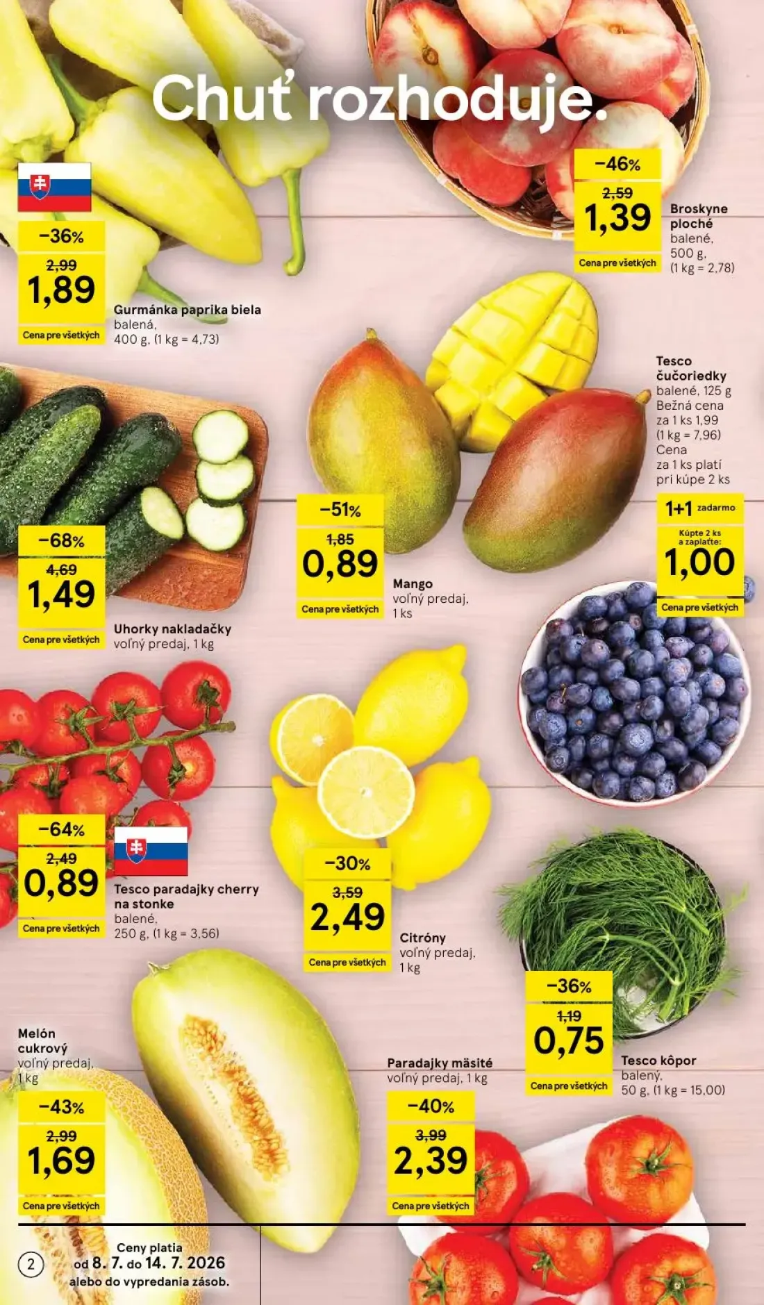 Tesco Supermarket leták, strana 2 z 27 — Uhorky nakladačky, Tesco paradajky cherry na stonke, Paradajky mäsité