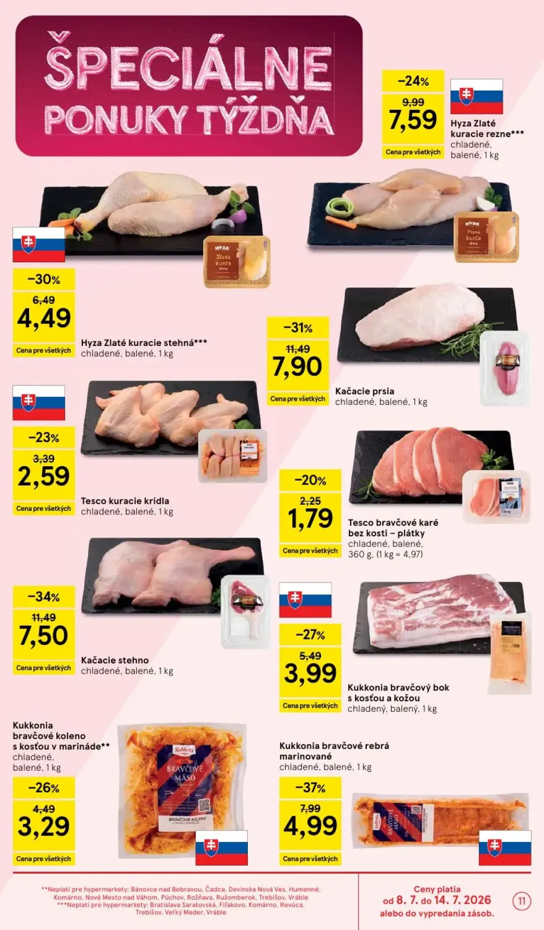 Tesco leták, strana 11 z 48 — Kačacie stehno, Kačacie prsia, Kukkonia bravčové rebrá marinované