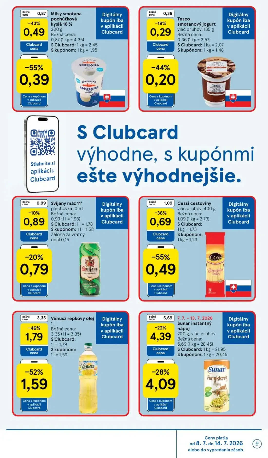 Tesco Supermarket leták, strana 9 z 27 — Milsy smotana pochúťková kyslá 16%, Tesco smotanový jogurt