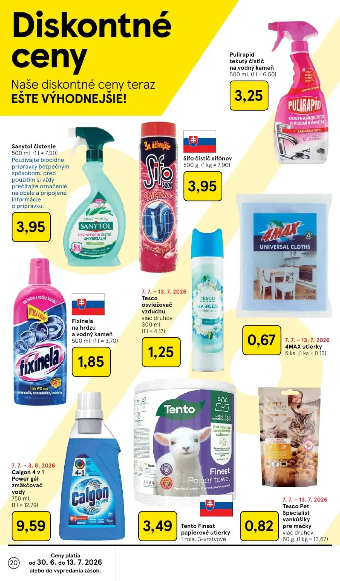 Tesco leták, strana 20 z 48 — Pulirapid tekutý čistič na vodný kameň, Sanytol čistenie, Sifo čistič sifónov