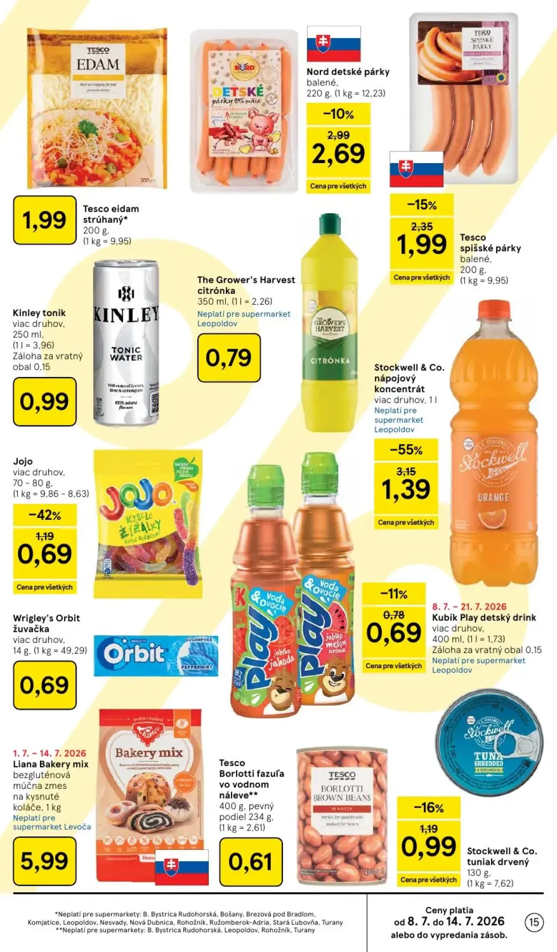 Tesco Supermarket leták, strana 15 z 27 — Stockwell & Co. nápojový koncentrát, Kinley tonik