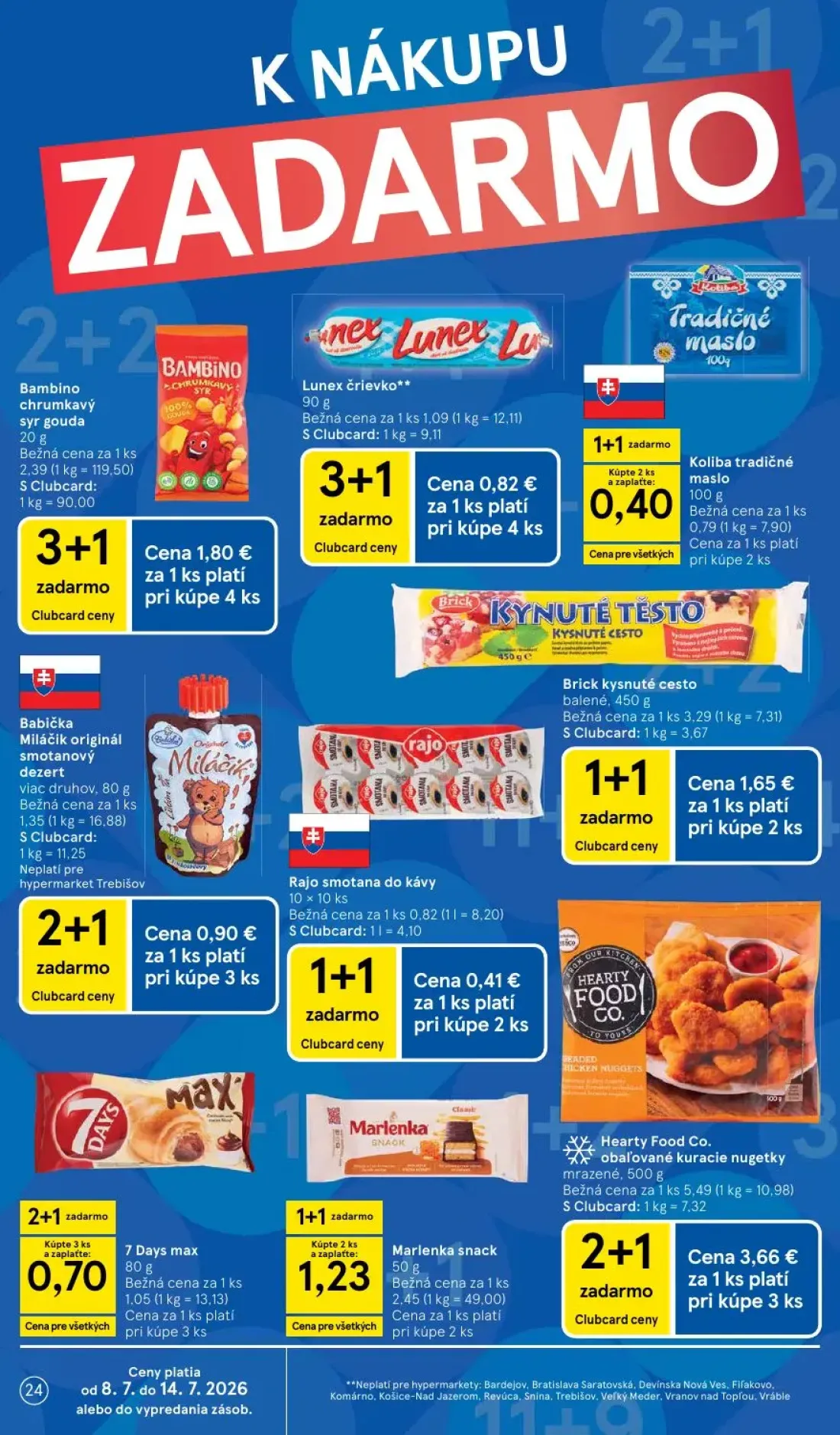 Tesco leták, strana 24 z 48 — Bambino chrumkavý syr gouda, Babička Miláčik originál smotanový dezert, Rajo smotana do kávy