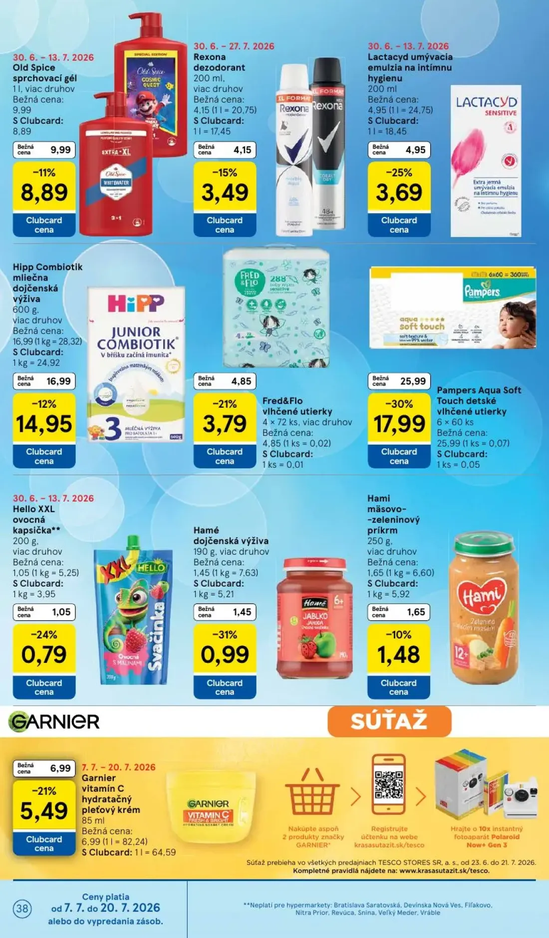 Tesco leták, strana 38 z 48 — Pampers Aqua Soft Touch detské vlhčené utierky, Hipp Combiotik mliečna dojčenská výživa, Garni…