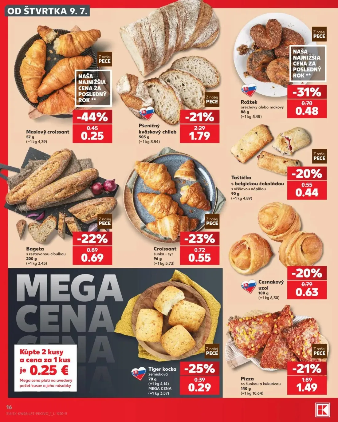 Kaufland leták, strana 16 z 82 — Pšeničný kváskový chlieb, Pizza so šunkou a kukuricou, Rožtek orechový alebo makový