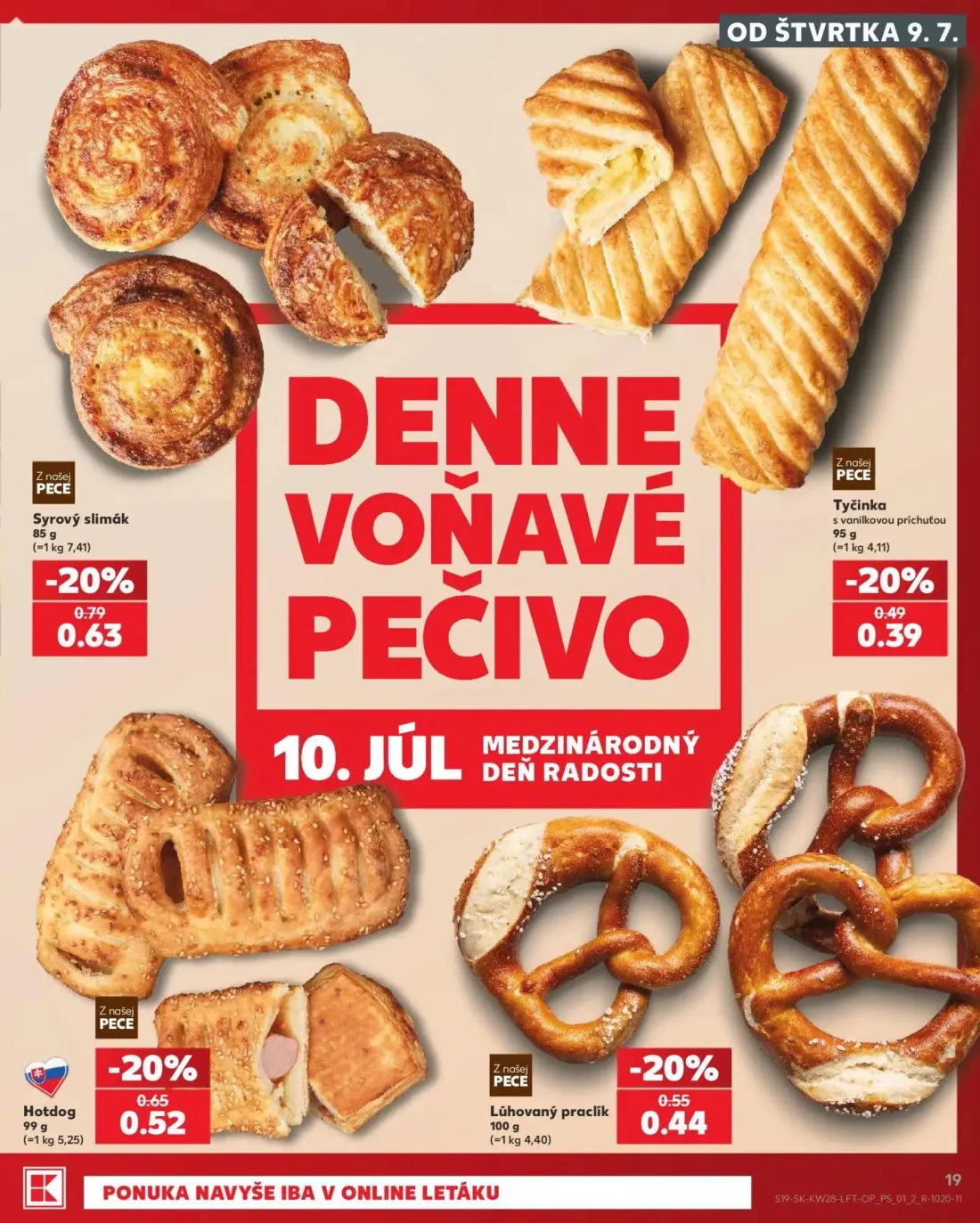Kaufland leták, strana 19 z 82 — Syrový slimák, Hotdog, Lúhovaný praclik