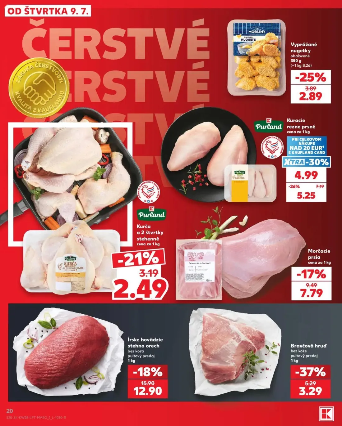 Kaufland leták, strana 20 z 82 — Írske hovädzie stehno orech bez kosti, Kuracie rezné prsné, Bravčová hruď bez kože