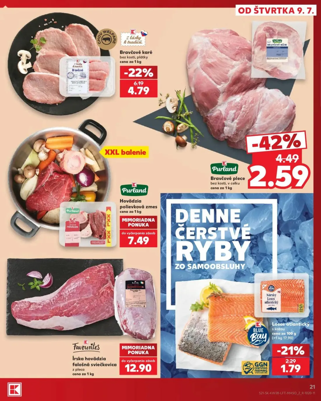 Kaufland leták, strana 21 z 82 — Bravčové plece bez kosti, v celku, Bravčové karé bez kosti, plátky, Losos atlantický s kožou