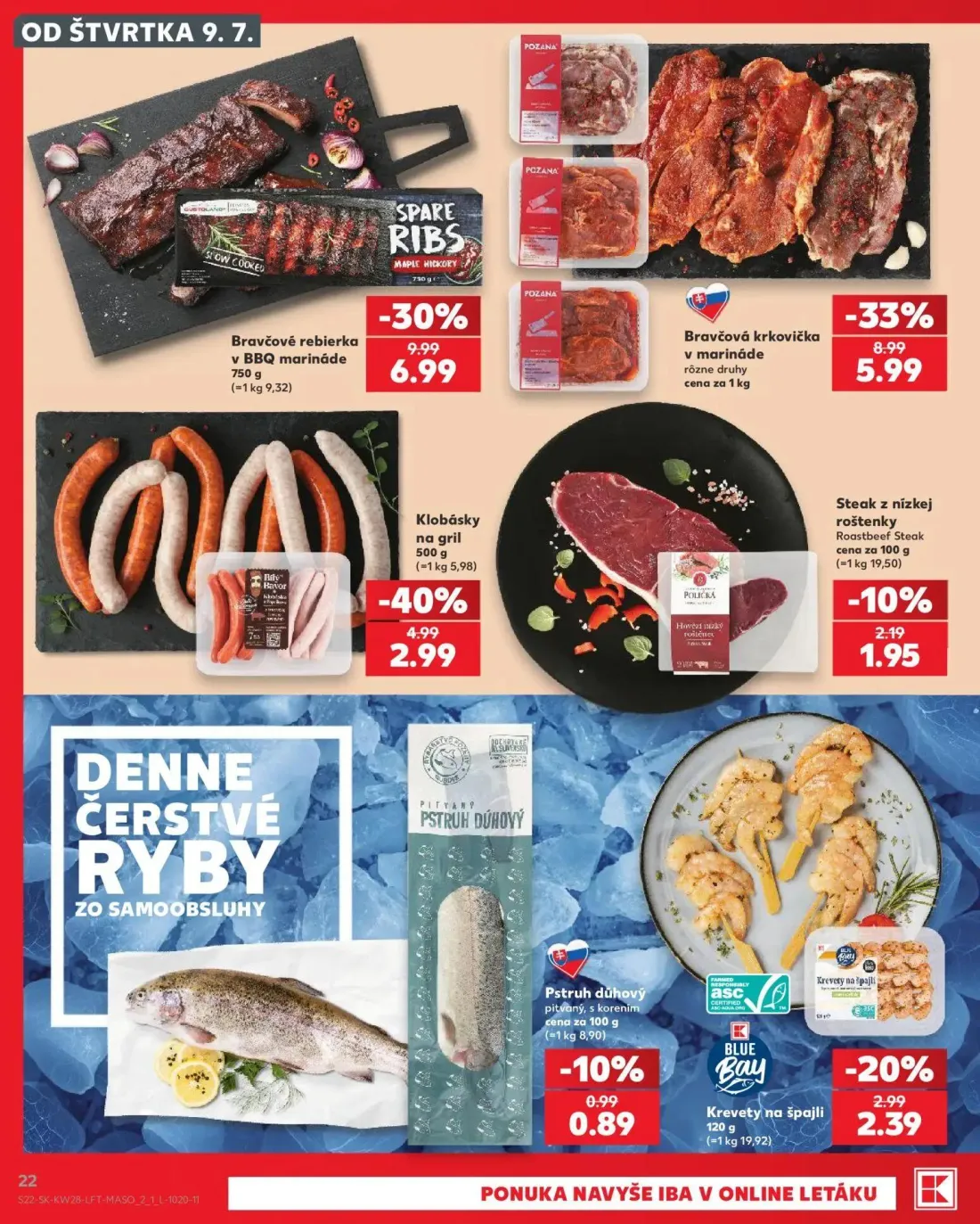 Kaufland leták, strana 22 z 82 — Bravčové rebierka v BBQ marináde, Bravčová krkovička v marináde, Klobásky na gril