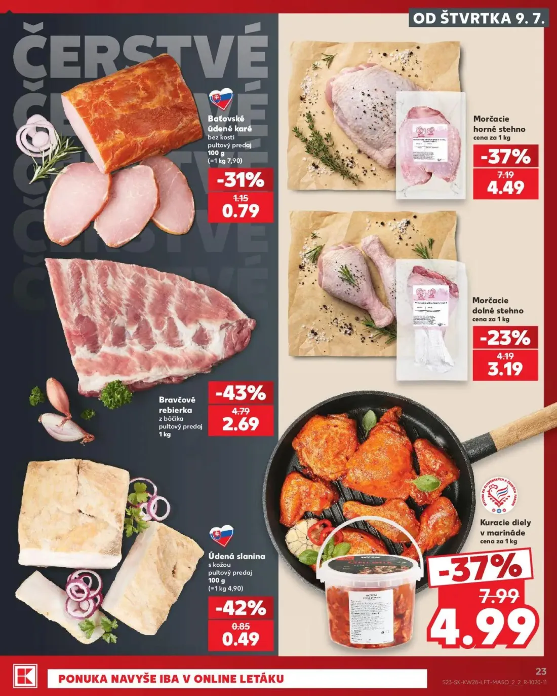 Kaufland leták, strana 23 z 82 — Kuracie diely v marináde, Morčacie horné stehno, Bravčové rebierka z bôčika