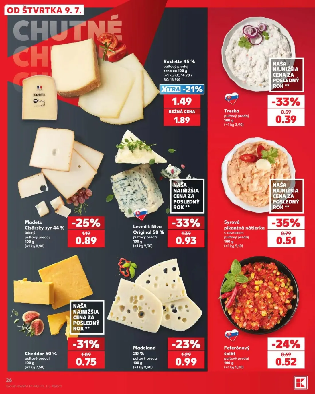 Kaufland leták, strana 26 z 82 — Levmilk Niva Original 50%, Raclette 45%, Cheddar 50%