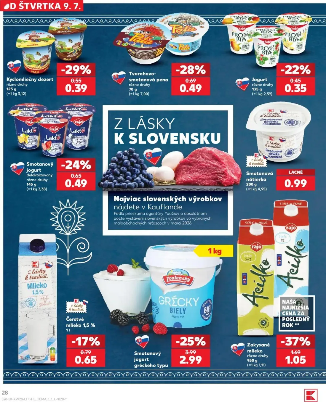 Kaufland leták, strana 28 z 82 — Smotanový jogurt gréckeho typu, Zakysané mlieko, Tvarohovo-smotanová pena