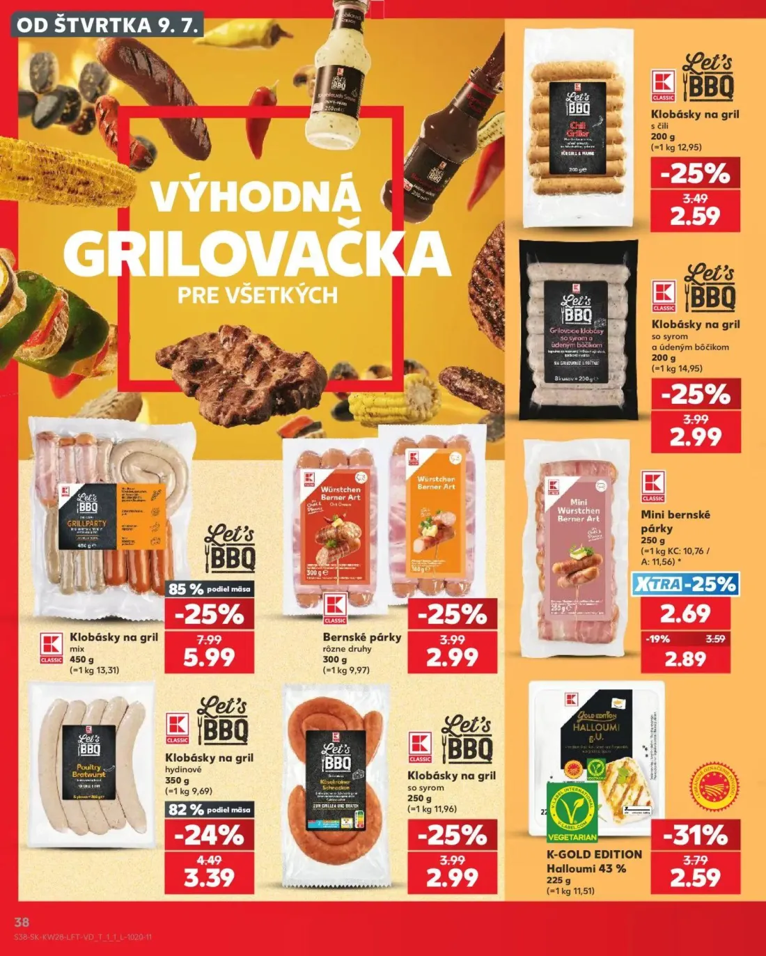 Kaufland leták, strana 38 z 82 — Klobásky na gril mix, K-GOLD EDITION Halloumi 43%, Klobásky na gril hydinové