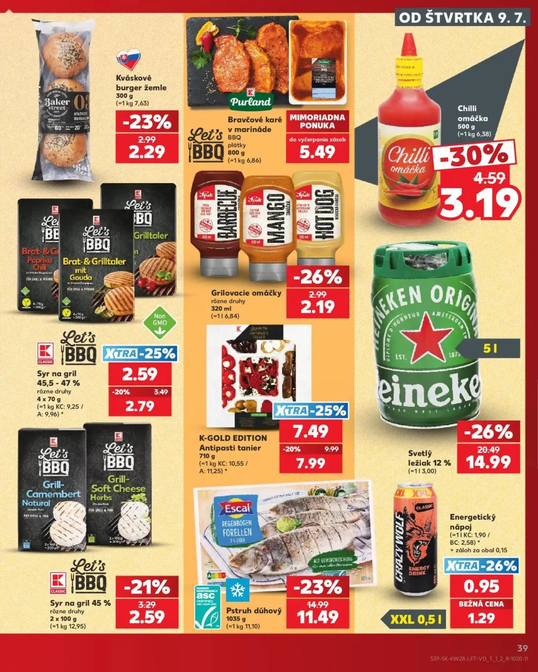 Kaufland leták, strana 39 z 82 — Svetlý ležiak 12%, Pstruh dúhový, Syr na gril