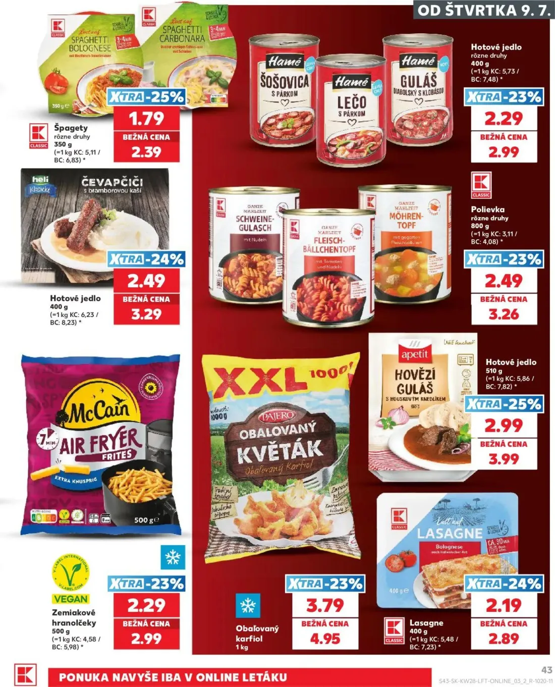 Kaufland leták, strana 43 z 82 — Obalovaný karfiol, Hotové jedlo, ČEVAPČIČI s bramborovou kaší