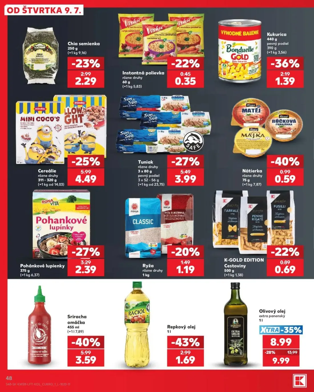 Kaufland leták, strana 48 z 82 — Olivový olej extra panenský, Sriracha omáčka, Cereálie