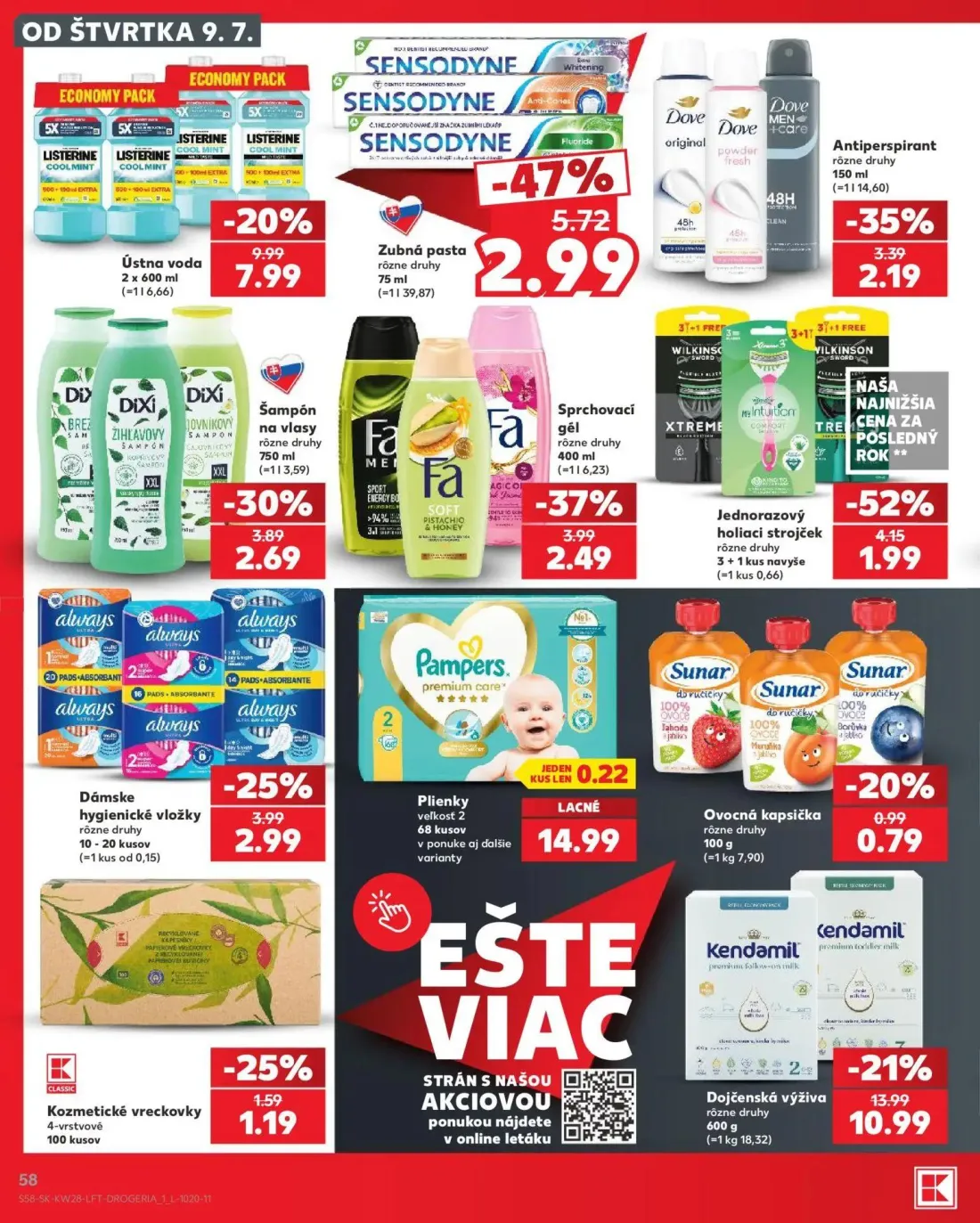 Kaufland leták, strana 58 z 82 — Dojčenská výživa Kendamil, Zubná pasta, Jednorazový holiaci strojček