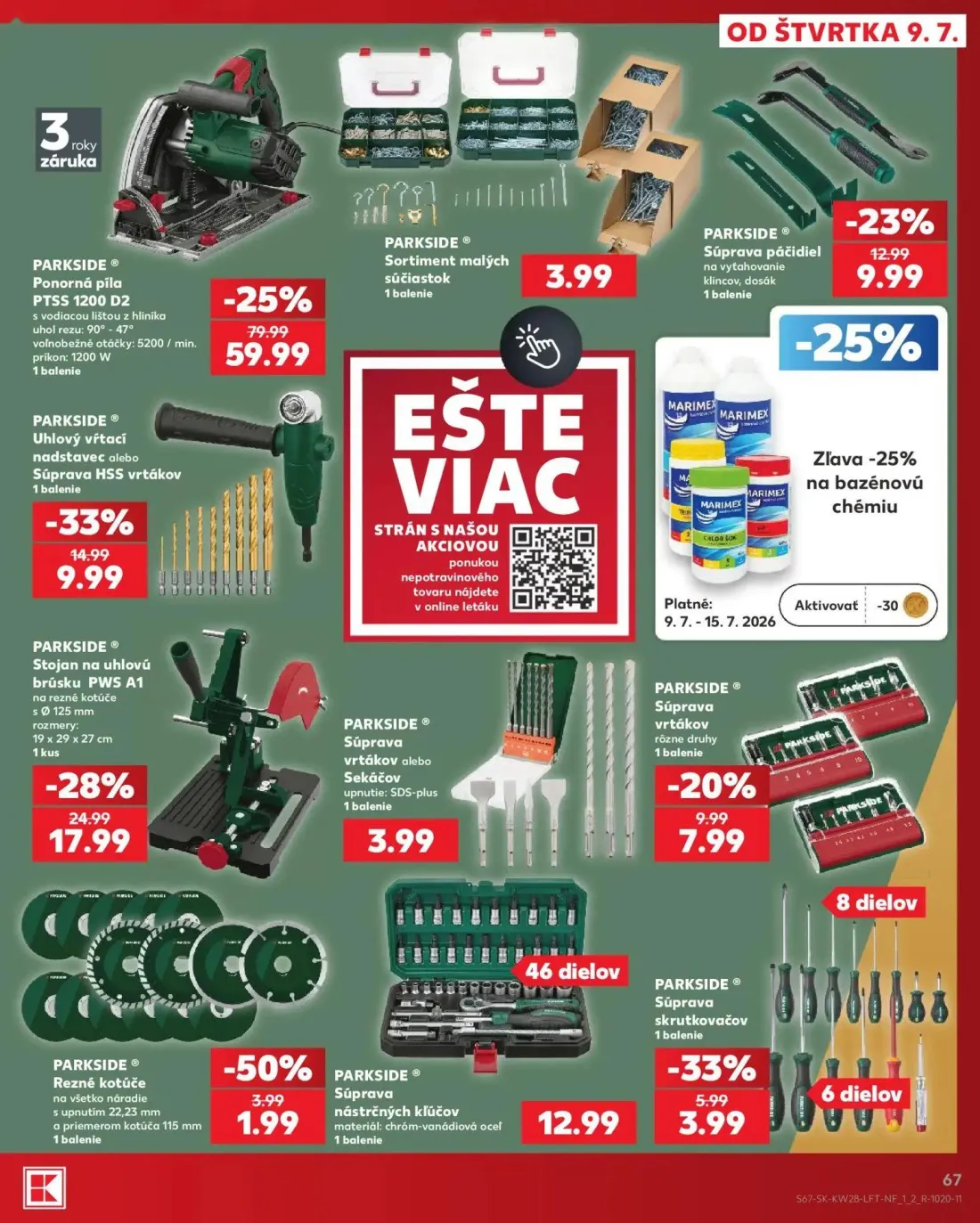 Kaufland leták, strana 67 z 82 — Ponorná píla PTSS 1200 D2, Stojan na uhlovú brúsku PWS A1, Uhlový vŕtací nadstavec alebo Sú…