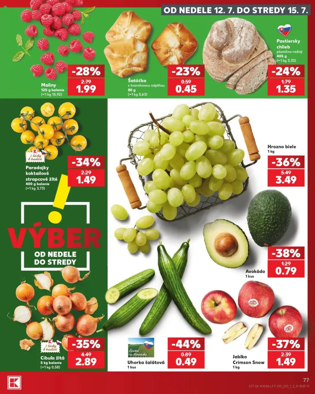 Kaufland leták, strana 77 z 82 — Hrozno biele, Cibuľa žltá, Jablko Crimson Snow