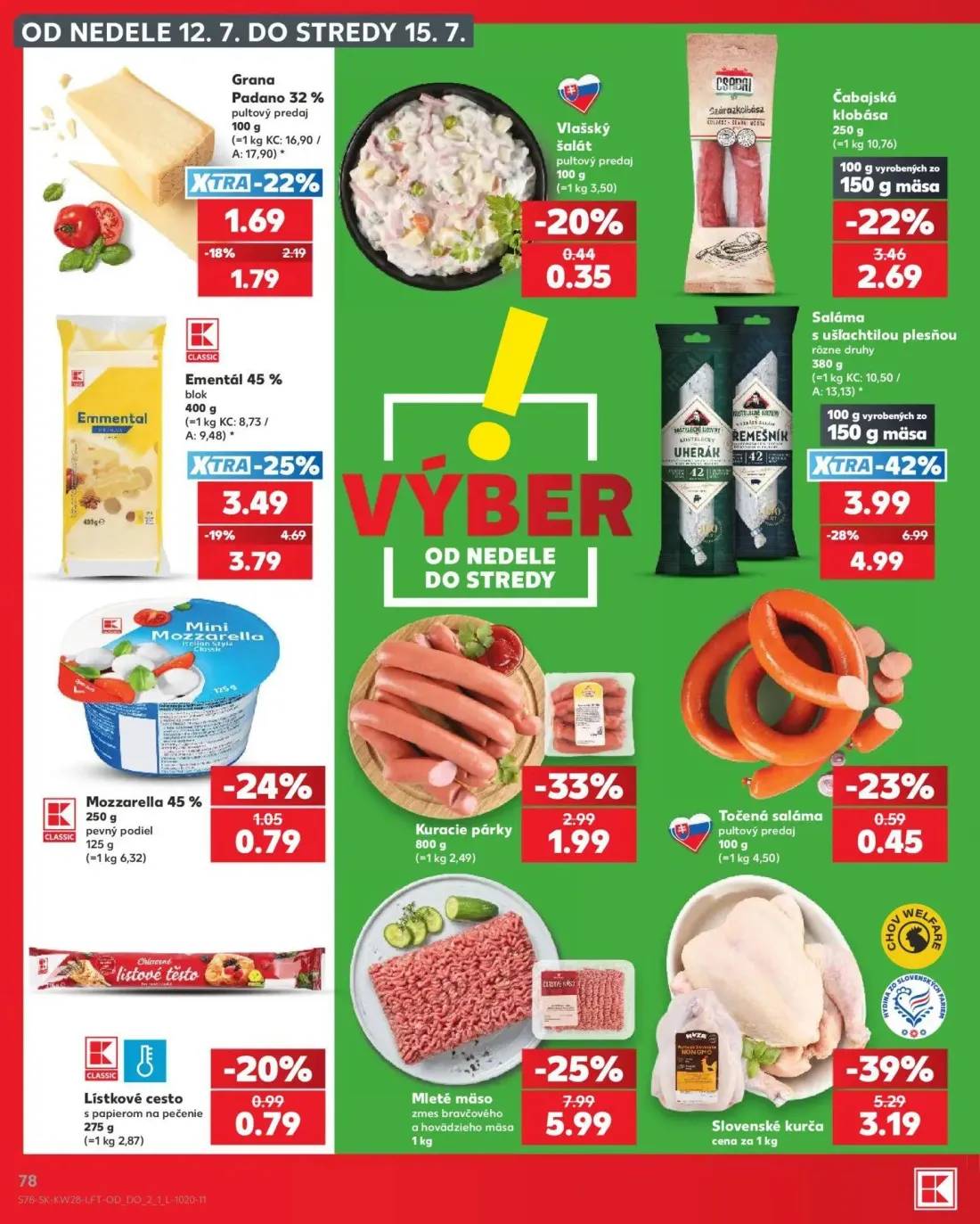 Kaufland leták, strana 78 z 82 — Saláma s ušľachtilou plesňou, Slovenské kurča, Mleté mäso zmes bravčového a hovädzieho mäsa