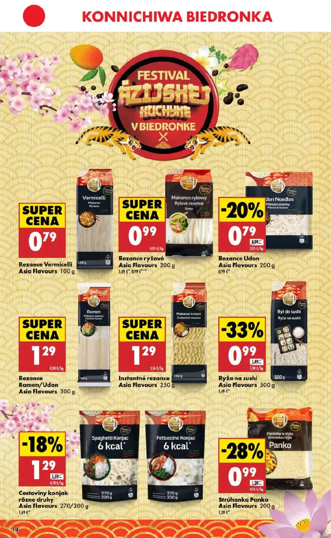 Biedronka leták, strana 14 z 48 — Rezance ryžové Asia Flavours, Ryža na sushi Asia Flavours, Rezance Udon Asia Flavours