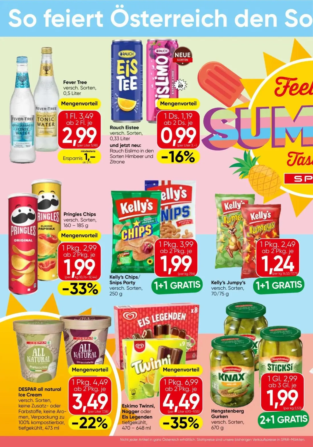 Spar Prospekt, Seite 2 von 4 — Eskimo Twinni, Nogger oder Eis Legenden, Kelly's Chips/ Snips Party, Kelly's Jumpy's
